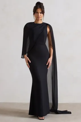 Haze | Black High-Neck Maxi Dress With Chiffon Cape