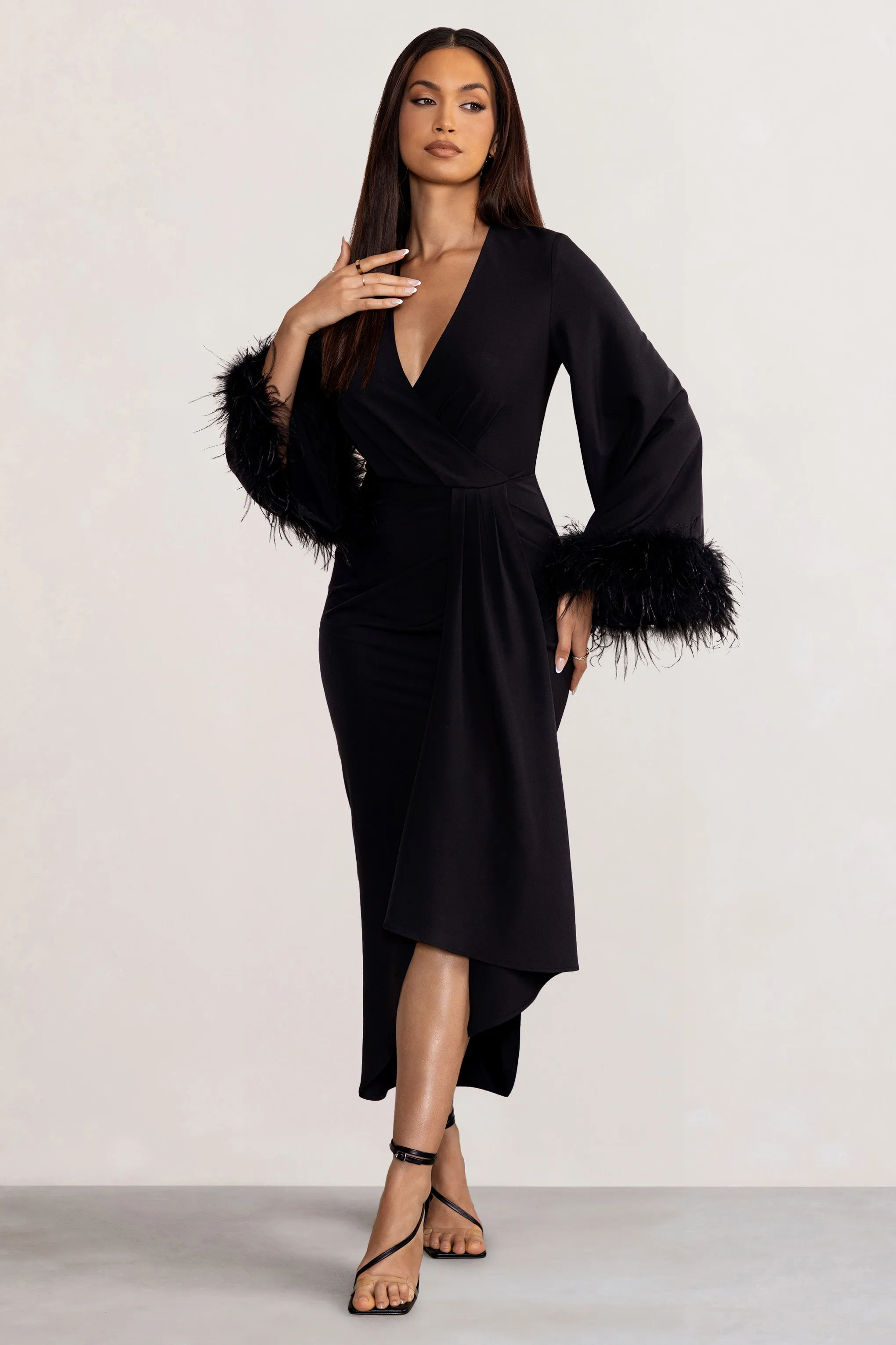 Jenna | Black Plunge Midi Dress with Feather Trim Wide Sleeves and Front Tie Drape