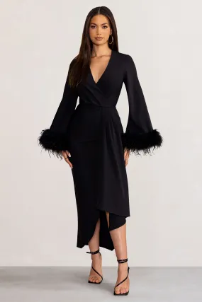 Jenna | Black Plunge Midi Dress with Feather Trim Wide Sleeves and Front Tie Drape