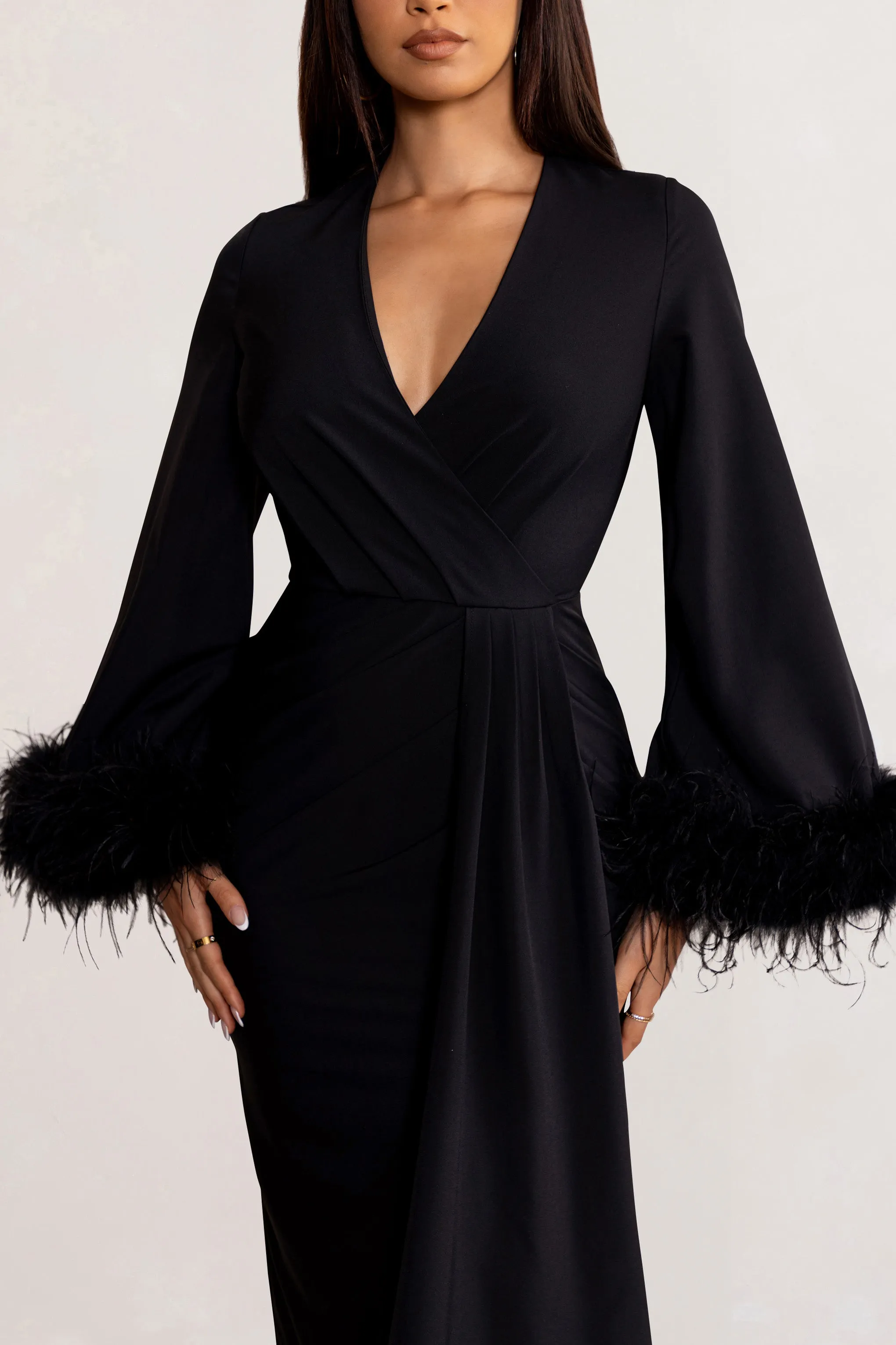 Jenna | Black Plunge Midi Dress with Feather Trim Wide Sleeves and Front Tie Drape