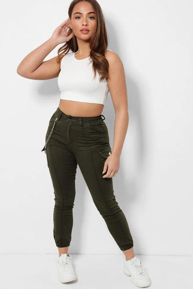 Khaki Chain High-Rise Stretchy Denim Cargo Jeans