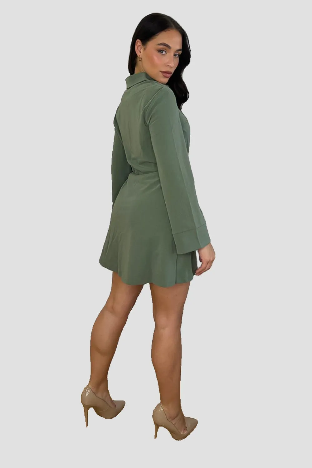 Khaki Drawstring Waist Shirt Dress