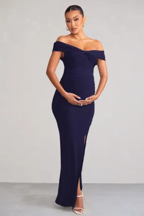 Kia | Navy Twist Bardot Maternity Maxi Dress with Split