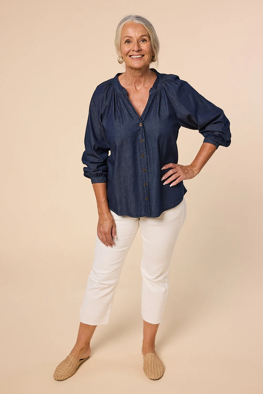 Kitty Chambray Top in Dark Wash