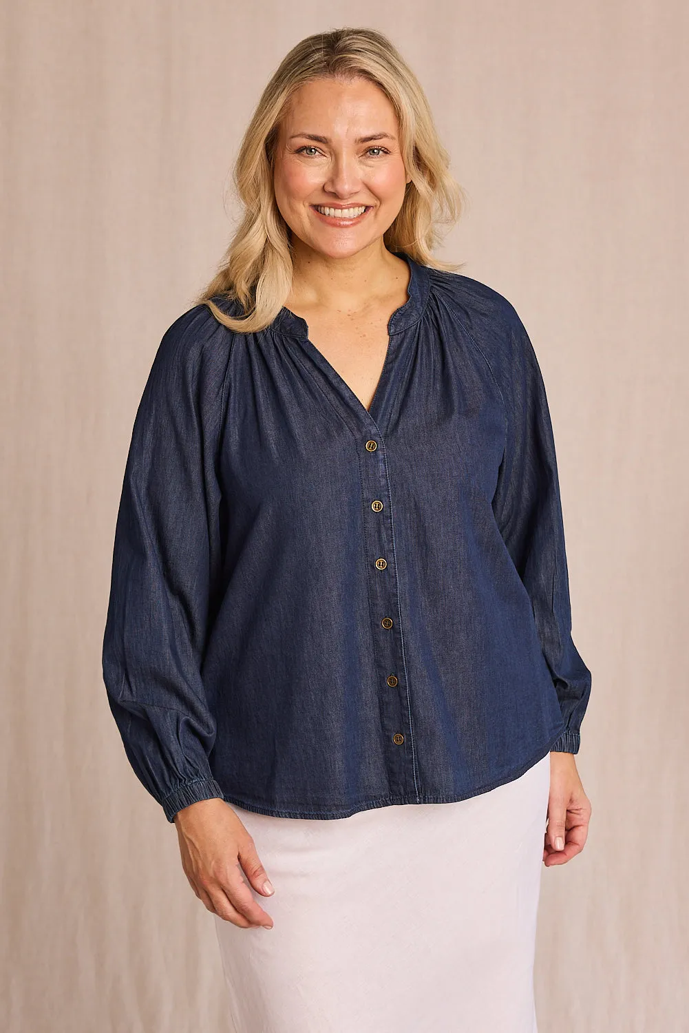 Kitty Chambray Top in Dark Wash