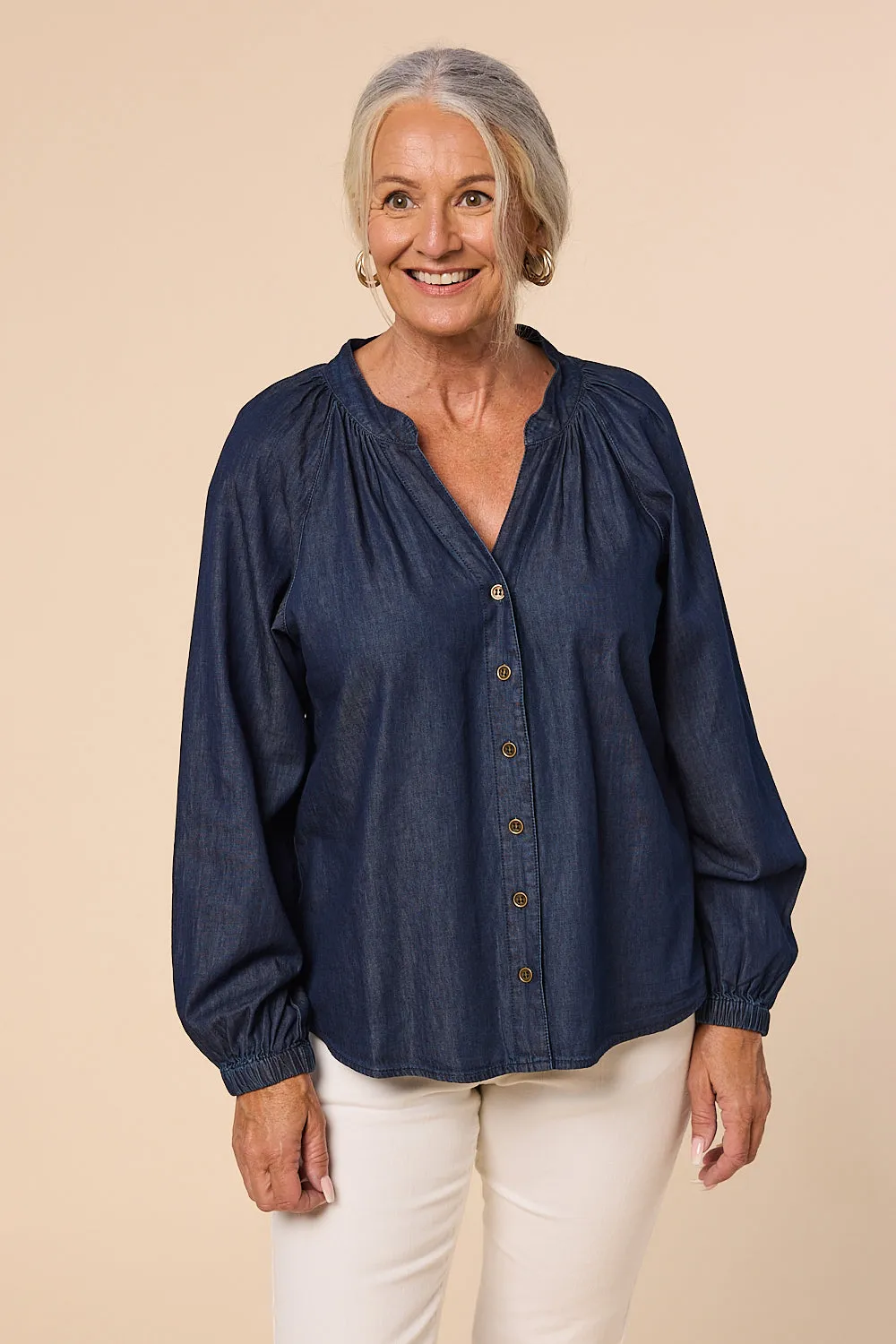 Kitty Chambray Top in Dark Wash