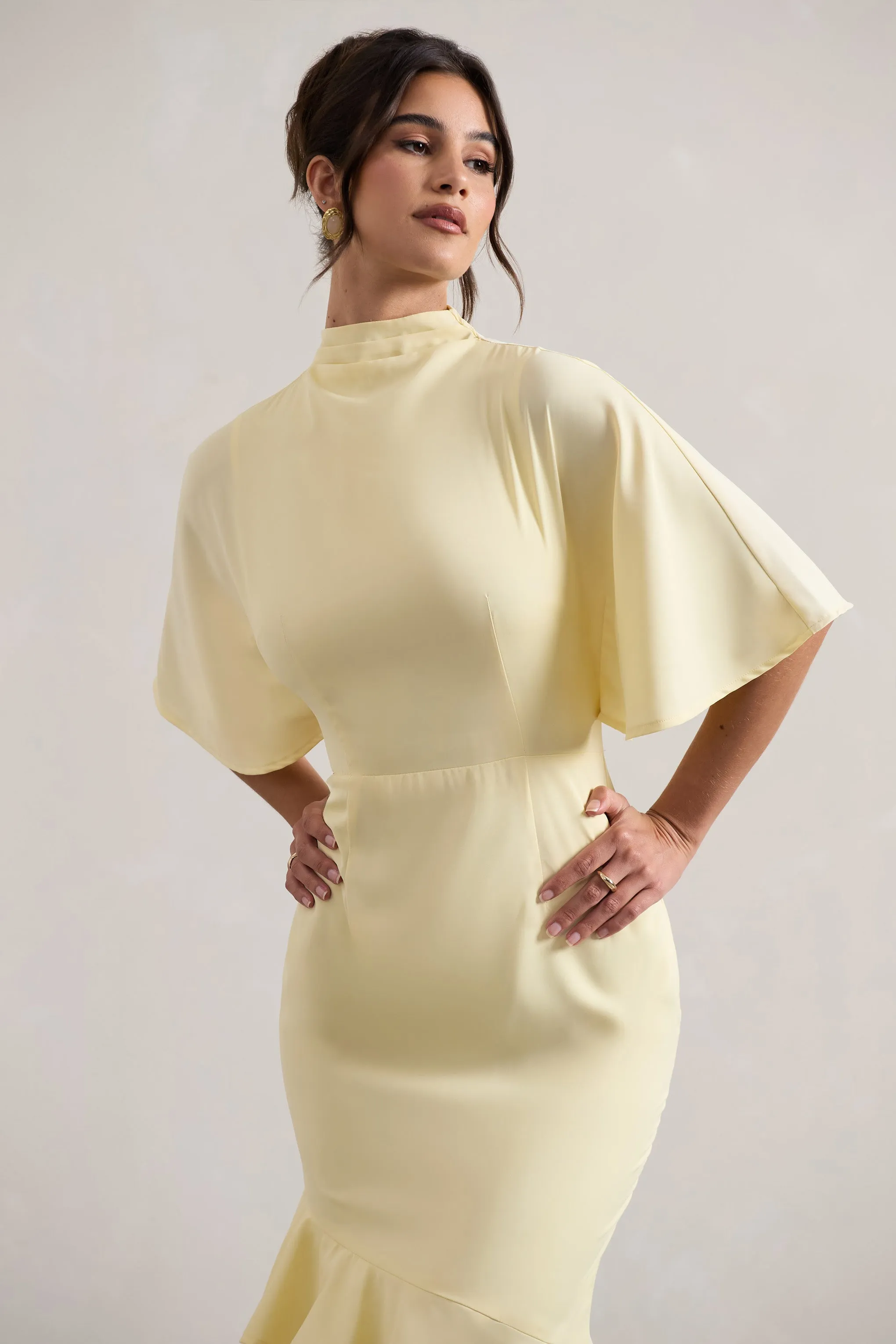 Lavinia | Pastel Yellow High-Neck Flutter-Sleeve Asymmetric Maxi Dress