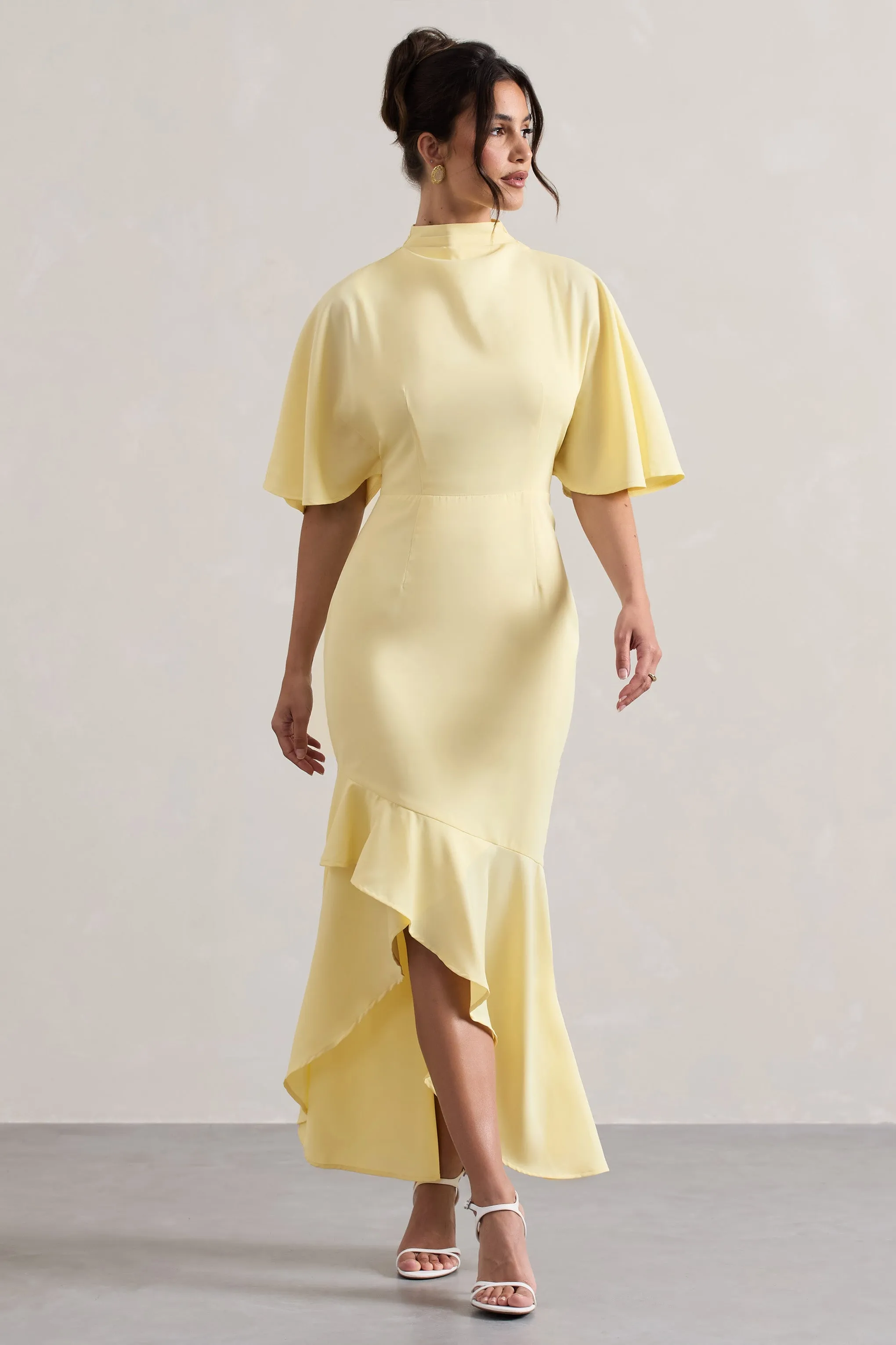 Lavinia | Pastel Yellow High-Neck Flutter-Sleeve Asymmetric Maxi Dress