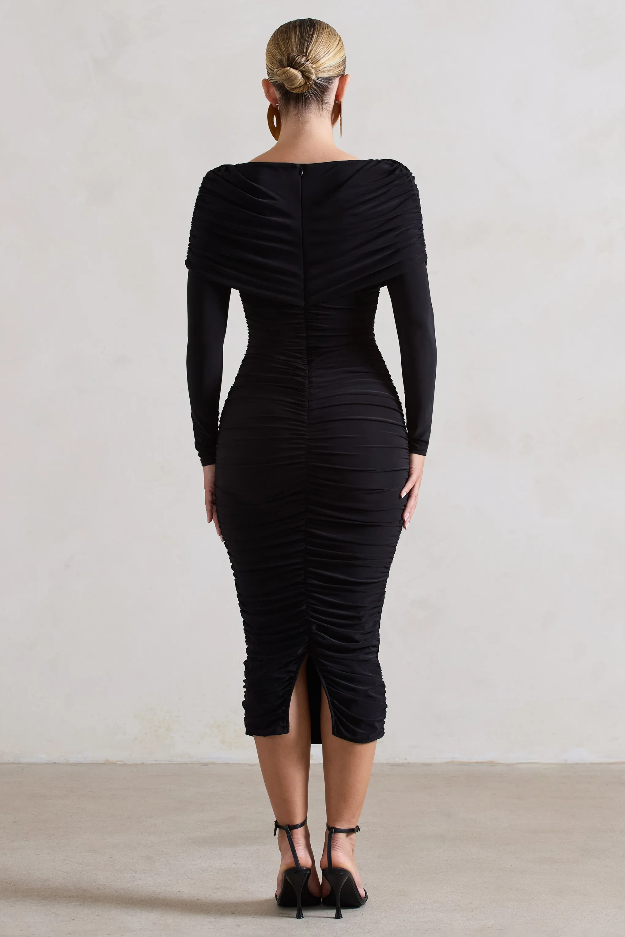 Lea | Black Long Sleeve Ruched Midi Dress with Draped Bardot Overlay