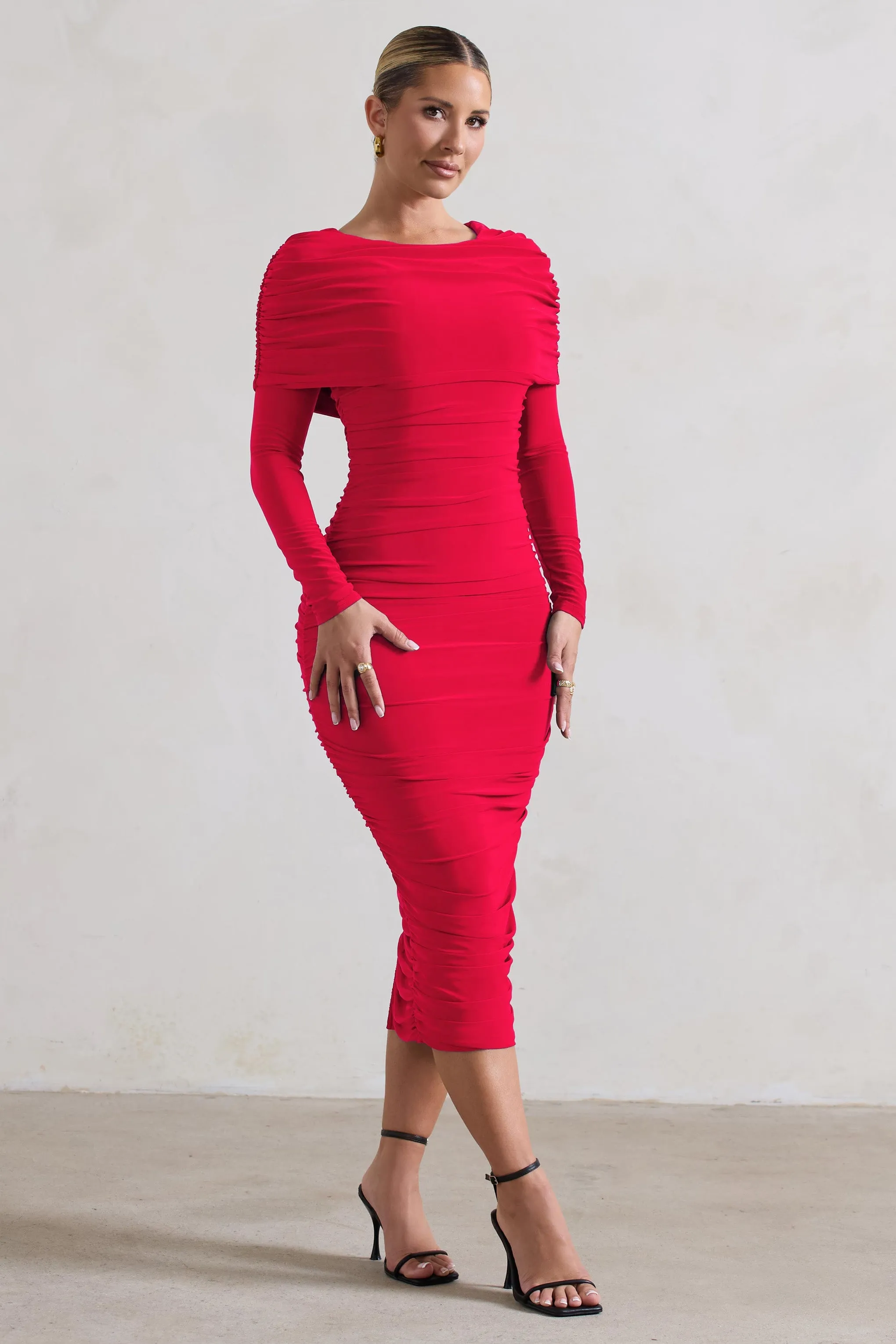 Lea | Red Long Sleeve Ruched Midi Dress with Draped Bardot Overlay