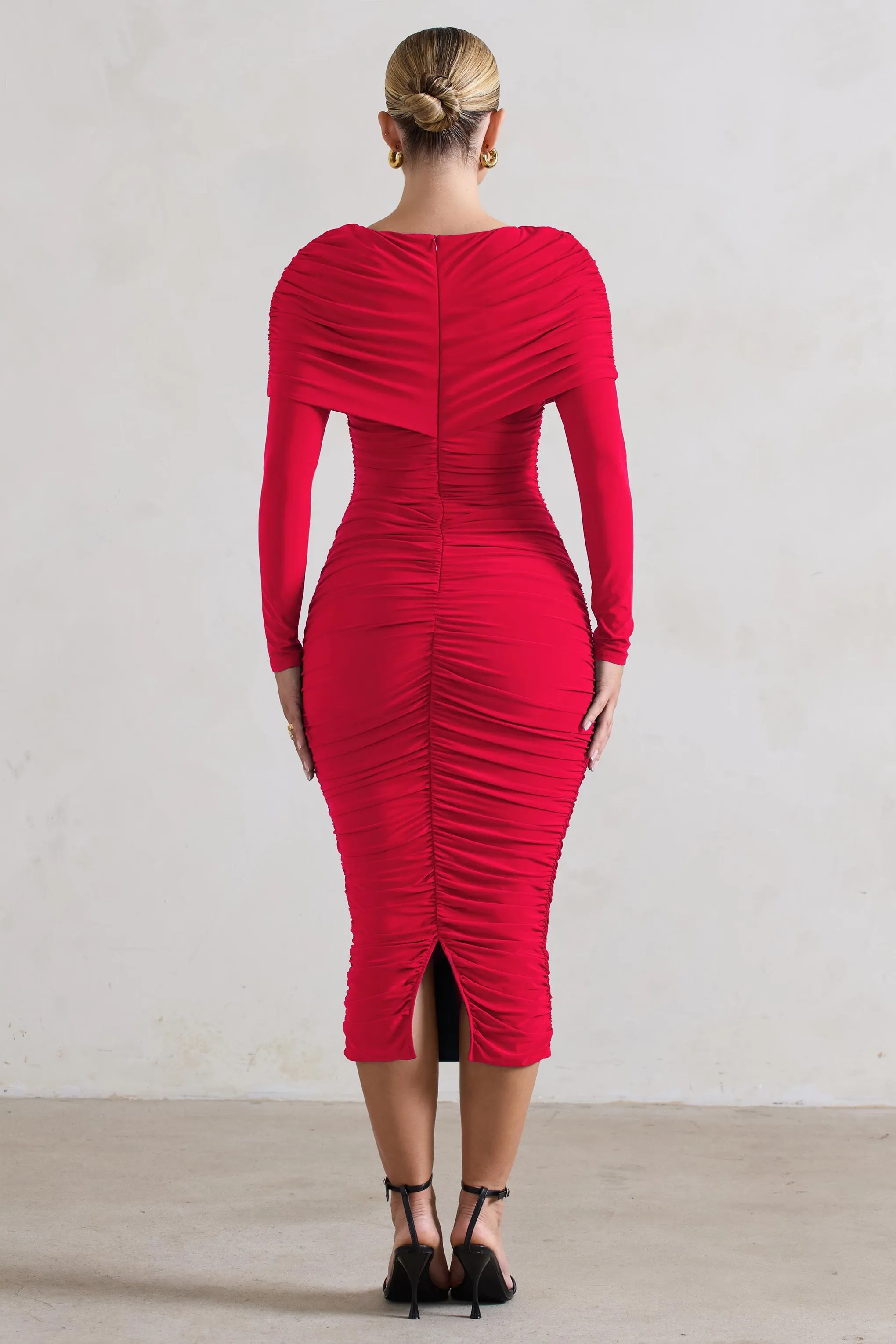 Lea | Red Long Sleeve Ruched Midi Dress with Draped Bardot Overlay