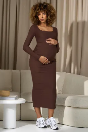 Leonora | Chocolate Brown Square-Neck Long-Sleeve Split Maternity Midi Dress