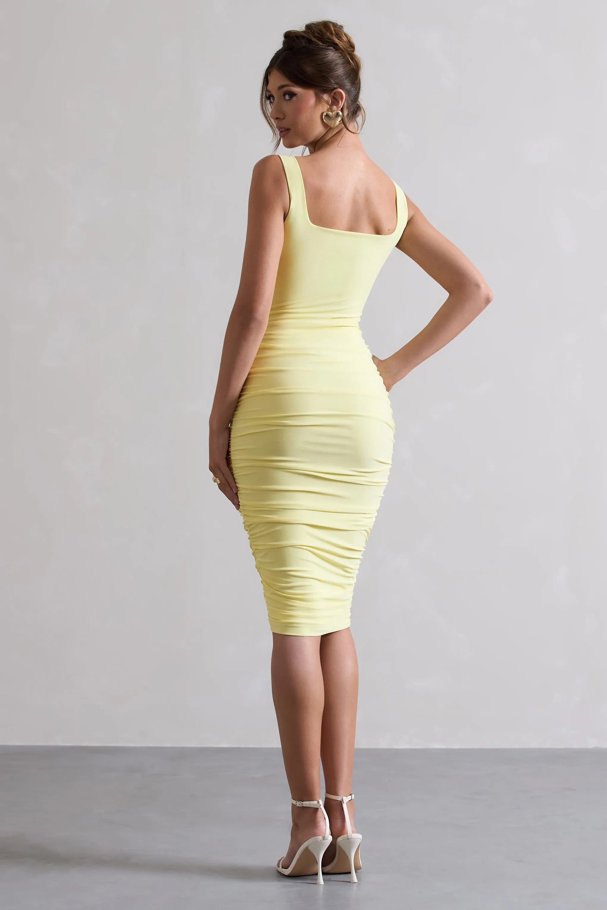 Lisbon | Lemon Square Neck Ruched Midi Dress