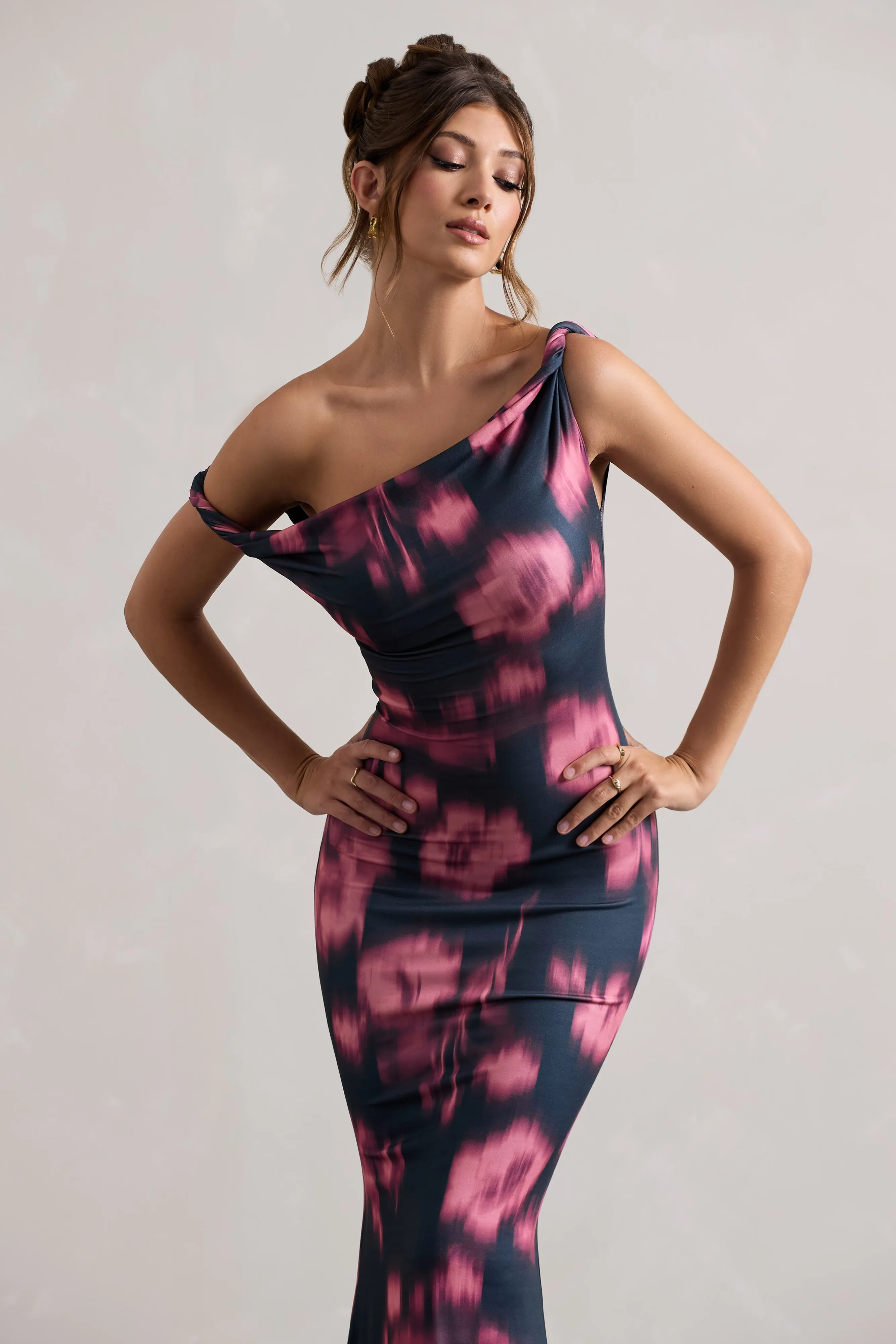 Lita | Pink Abstract Print Twisted Asymmetric Maxi Dress