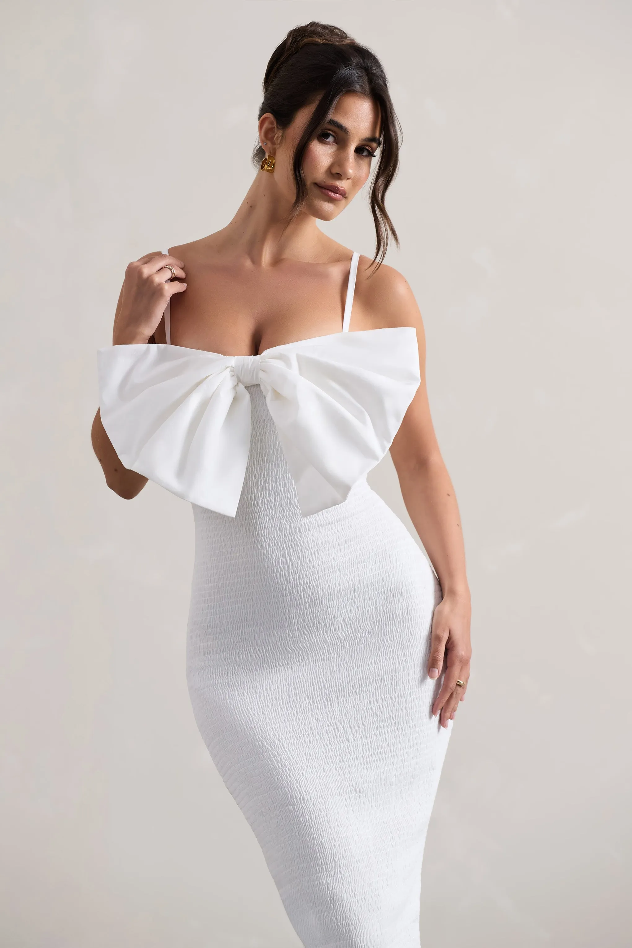 Love Poem | White Bodycon Midi Dress With Oversized Bow