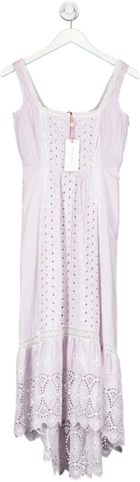 loveshackfancy lilac crochet-trimmed broderie anglaise midi dress UK XXS