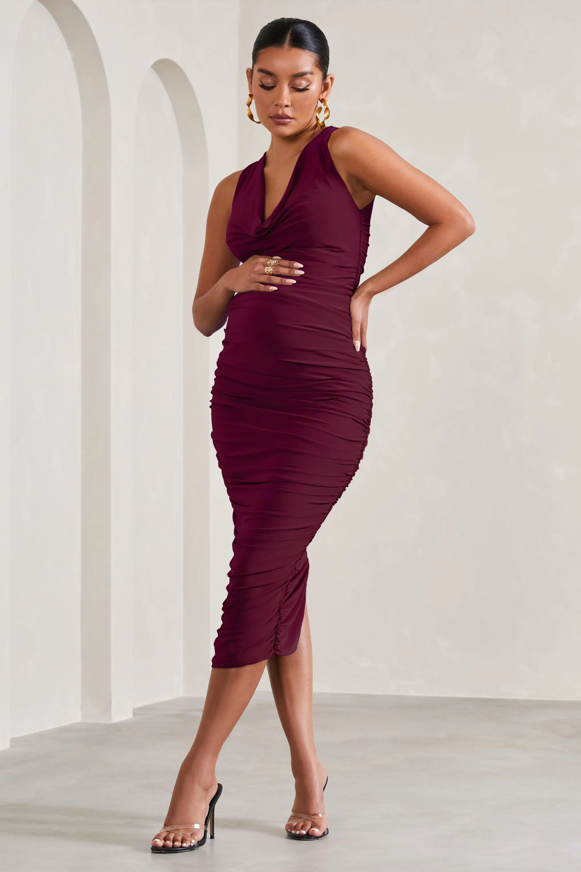 Mabel | Burgundy Cowl-Neck Ruched Maternity Midi Dress