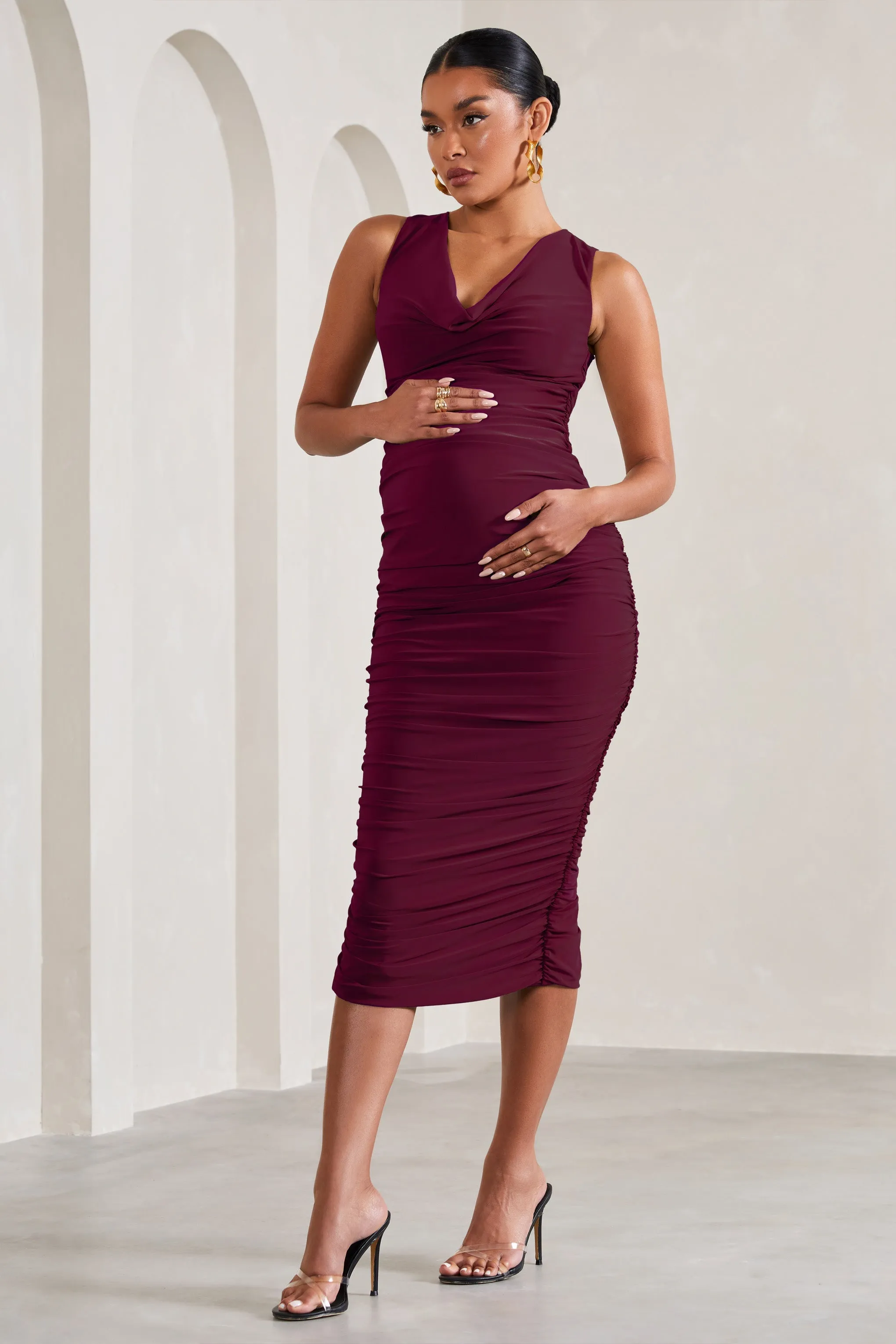 Mabel | Burgundy Cowl-Neck Ruched Maternity Midi Dress