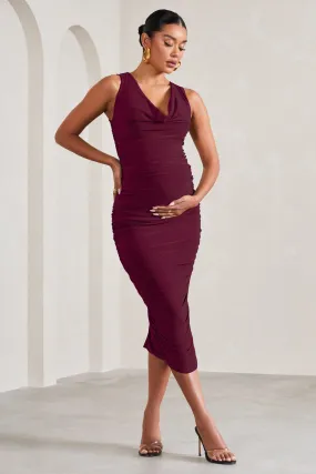 Mabel | Burgundy Cowl-Neck Ruched Maternity Midi Dress