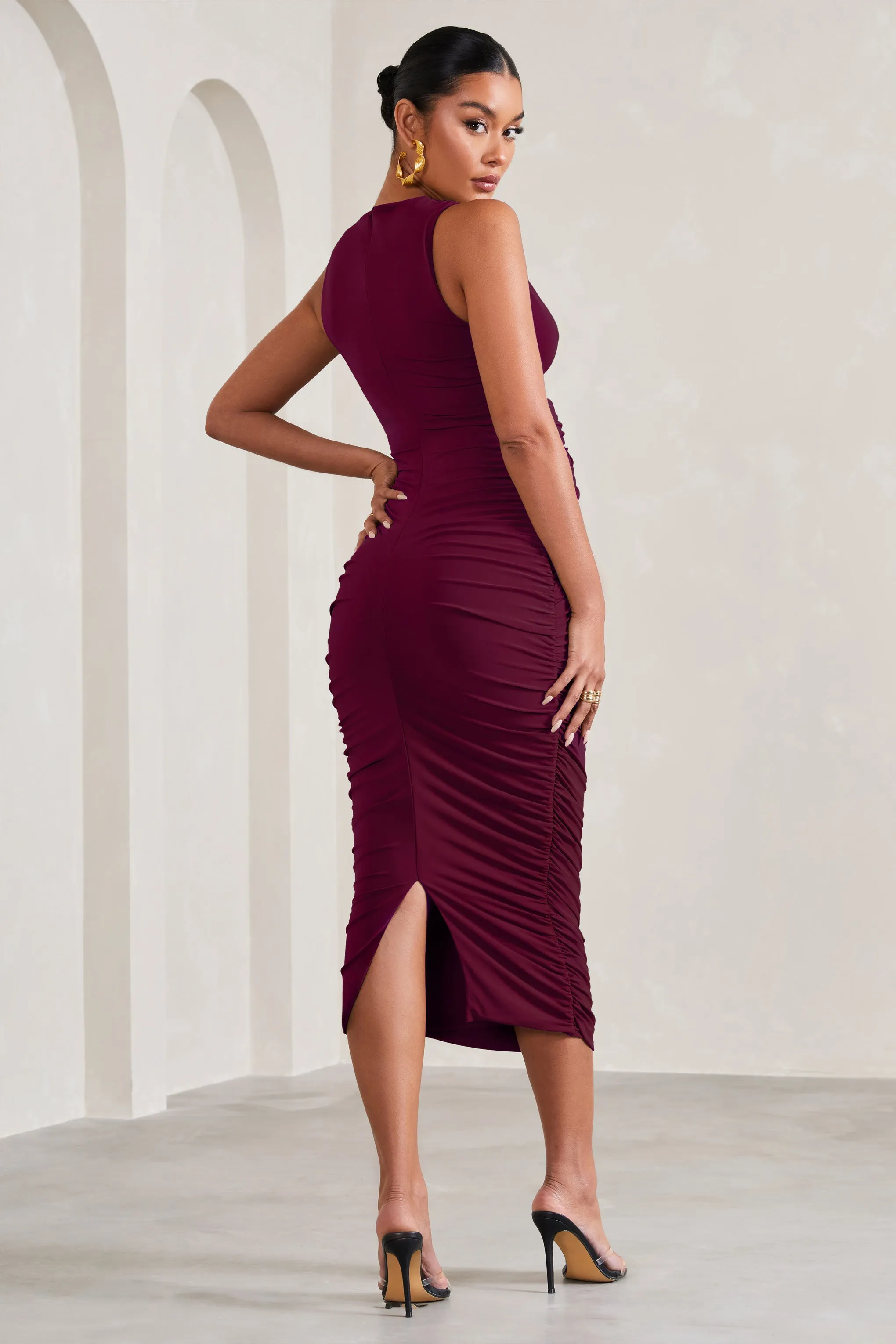 Mabel | Burgundy Cowl-Neck Ruched Maternity Midi Dress