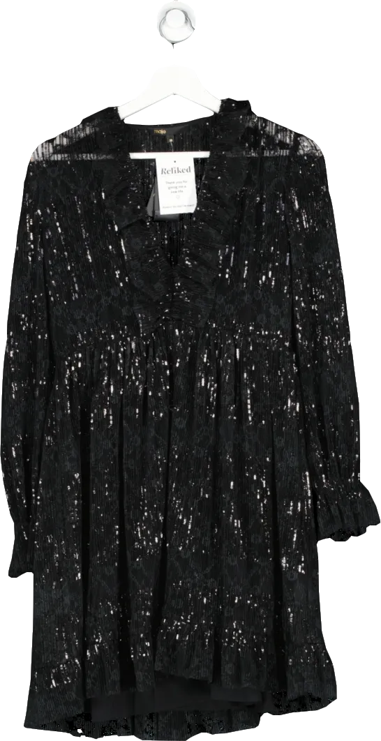 Maje Black Reville Sequin-embellished Lace Mini Dress UK 10