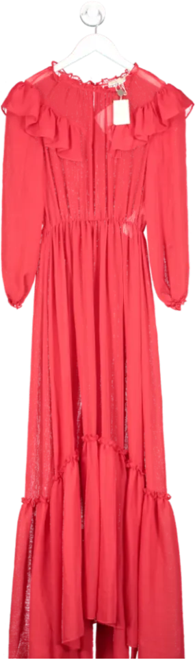 Maje Red Long Muslin Dress With Ruffles BNWT UK 8