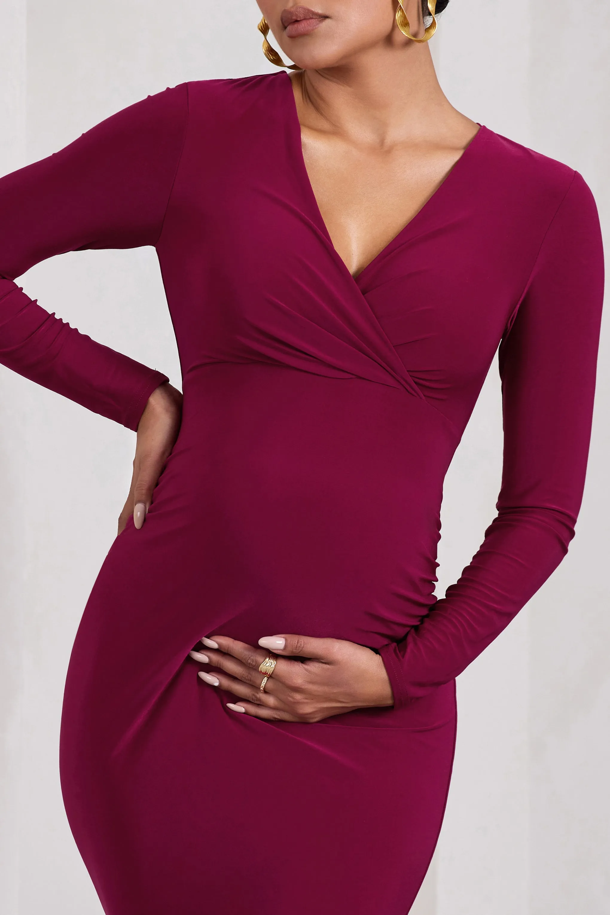 Marcia | Berry Bodycon Plunge-Neck Maternity Midi Dress