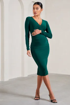 Marcia | Bottle Green Bodycon Plunge-Neck Maternity Midi Dress