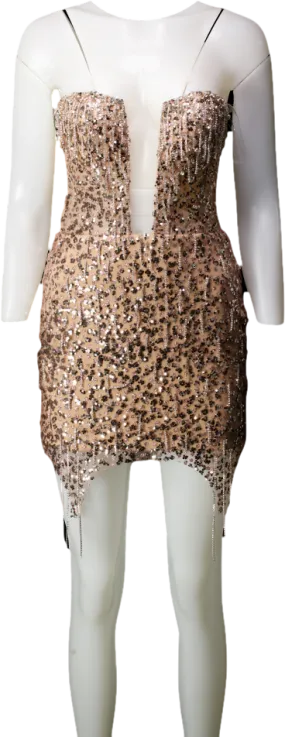 Milla Metallic Radiant Embellished Mini Dress In Gold With A Plunging Neckline UK XS