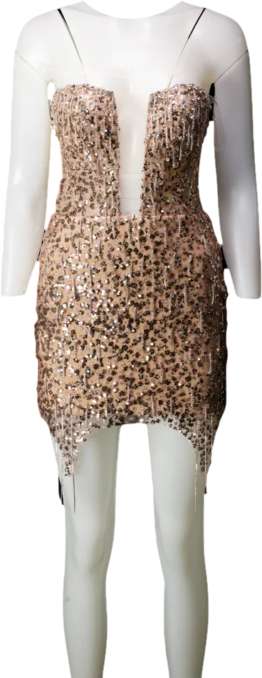 Milla Metallic Radiant Embellished Mini Dress In Gold With A Plunging Neckline UK XS