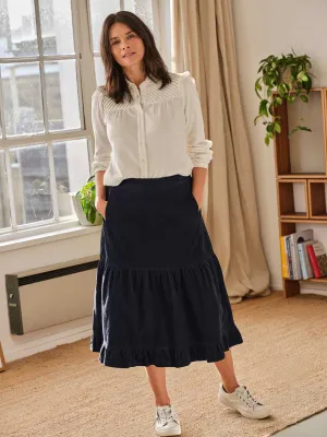 Milou Organic Cotton Corduroy Tiered Midi Skirt - Navy