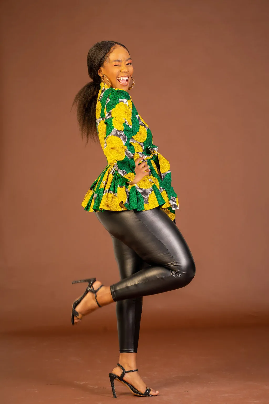 Mirabel Ankara Peplum Top | Green and Yellow African Print