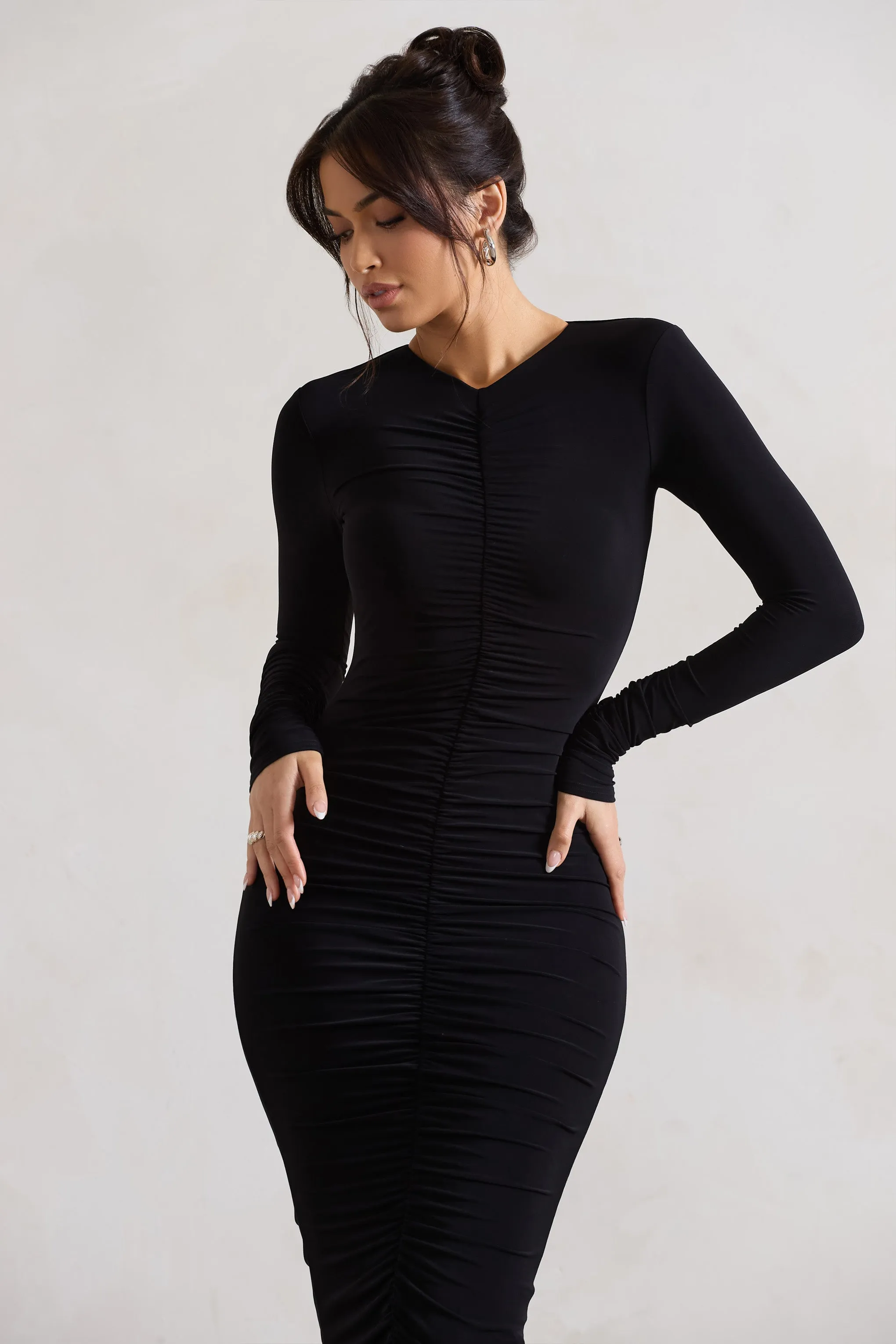 Monique | Black Ruched Bodycon Midi Dress