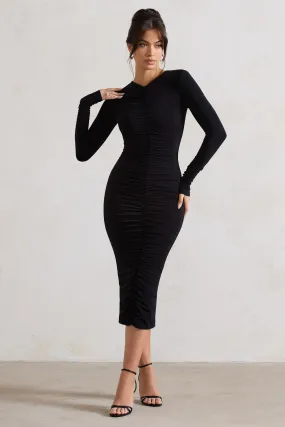 Monique | Black Ruched Bodycon Midi Dress