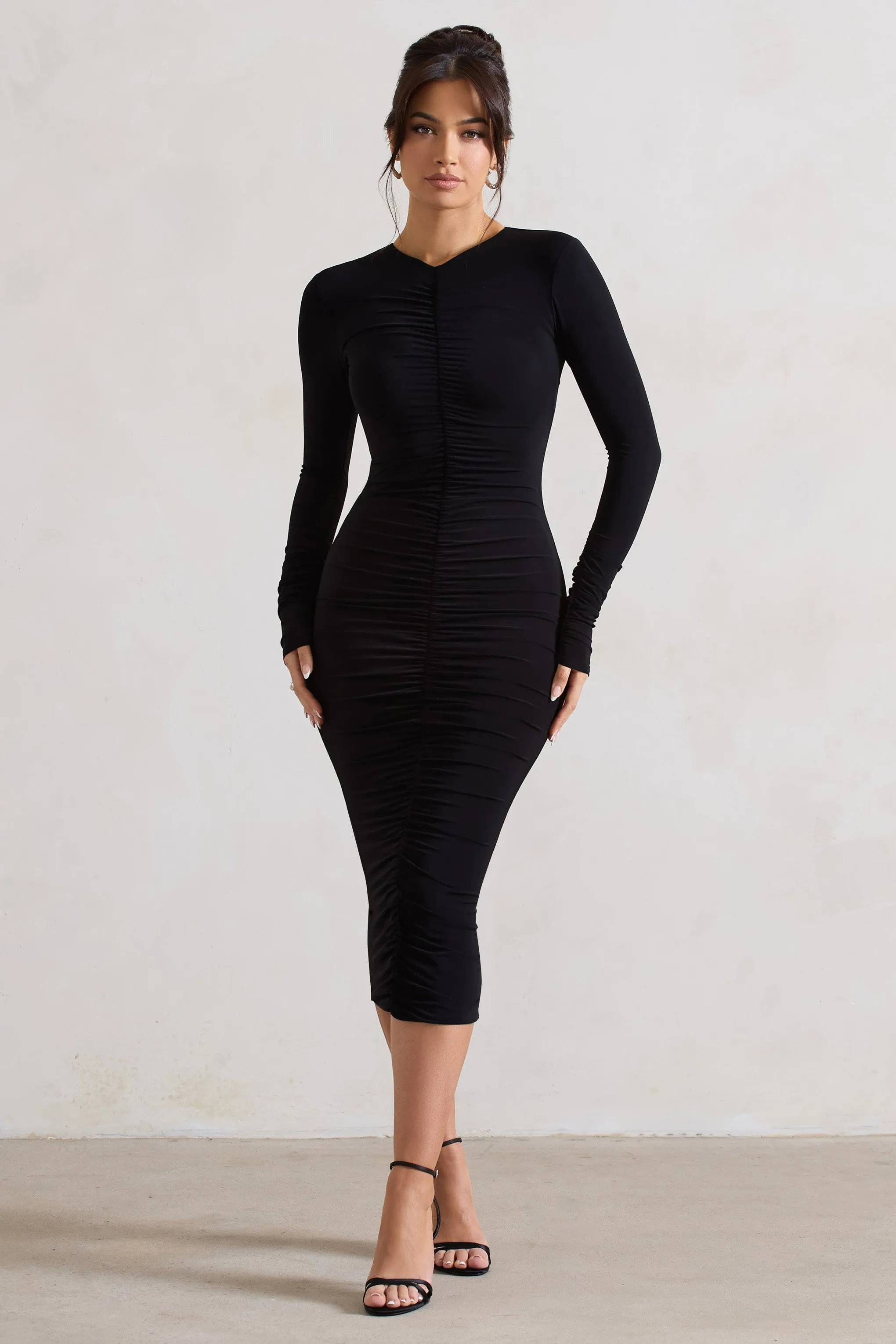 Monique | Black Ruched Bodycon Midi Dress