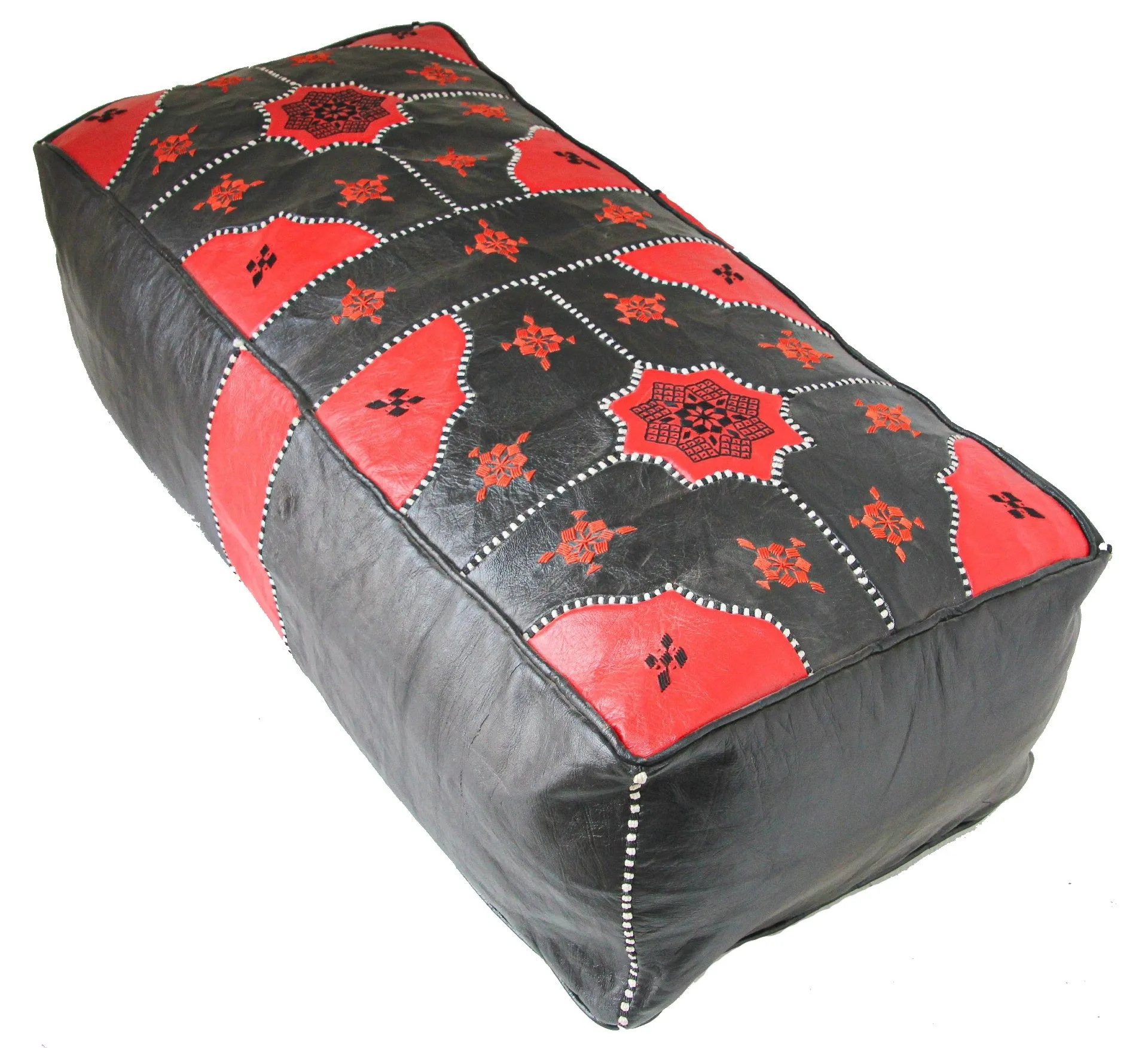 Moroccan Leather Pouf / Ottoman - Rectangular - Tile Design - Black and Red