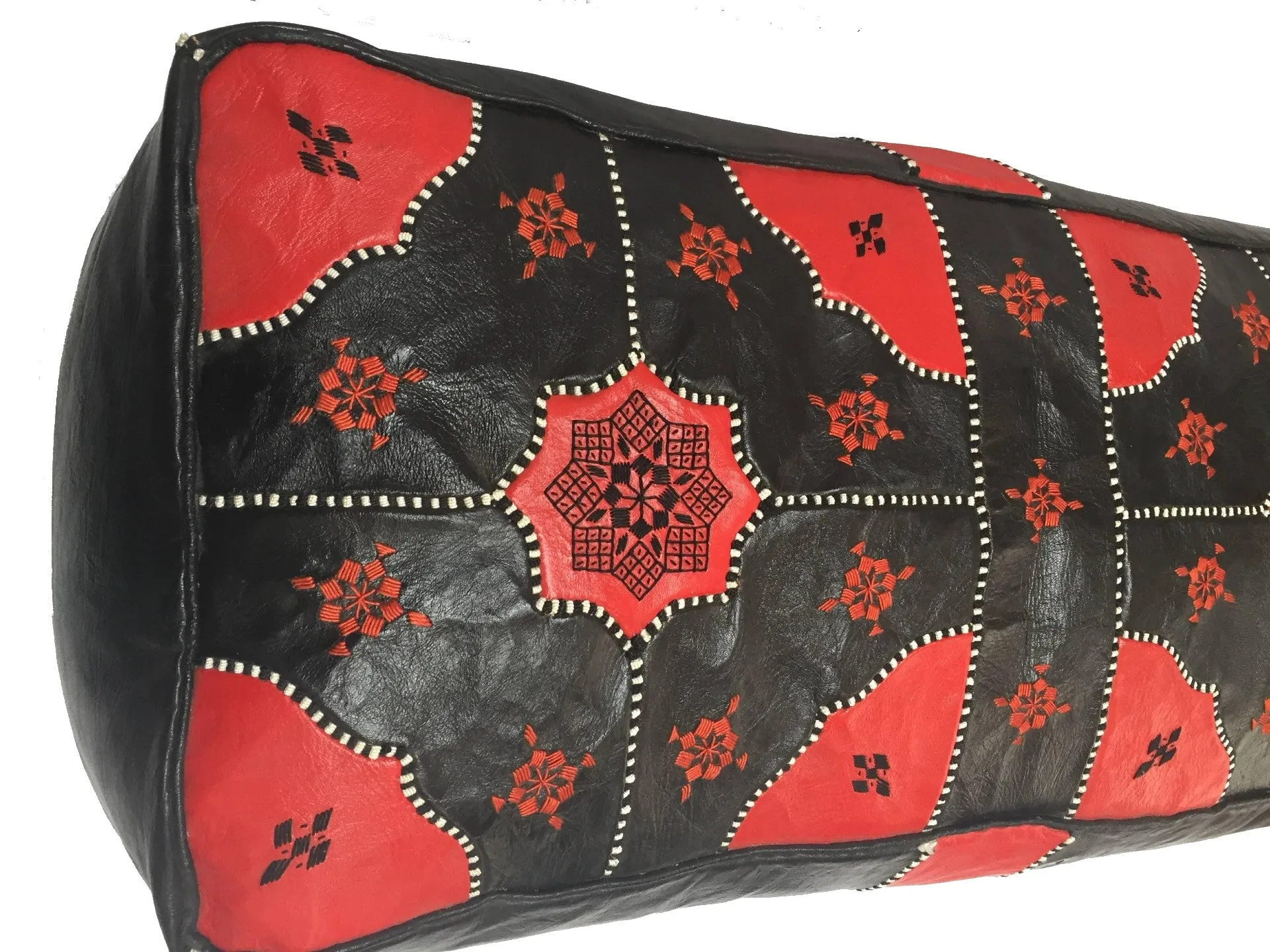 Moroccan Leather Pouf / Ottoman - Rectangular - Tile Design - Black and Red