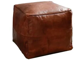 Moroccan Leather Pouf / Ottoman - Square - Brown Caramel - Sylia