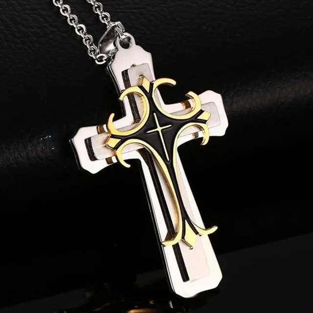 Multi-layer Metal Three Tone Cross Pendant Necklace