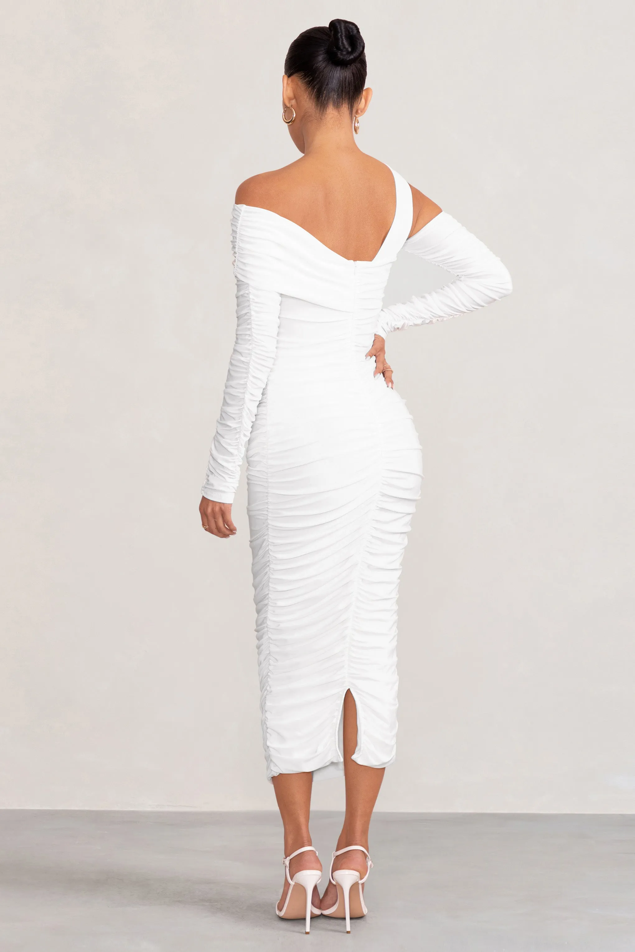 Neile | White Asymmetric Bardot Maternity Midi Dress with Sleeves