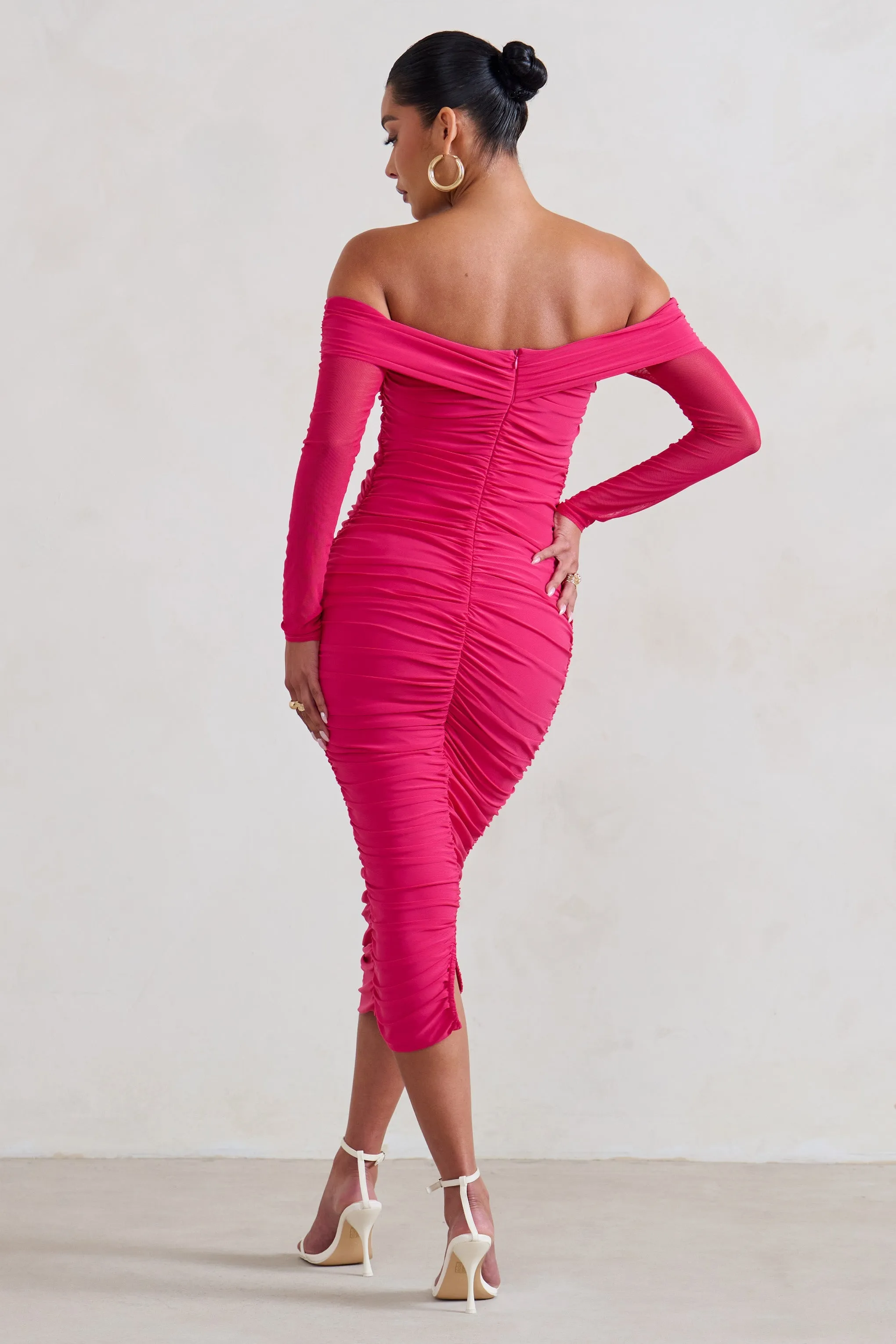 Neva | Hot Pink Bardot Twist Maternity Midi Dress