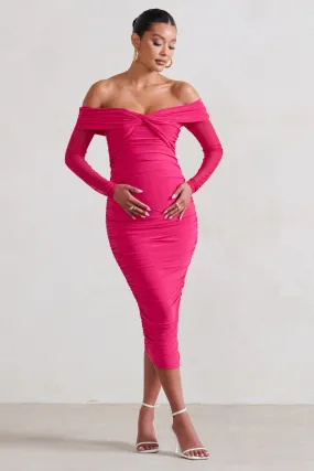 Neva | Hot Pink Bardot Twist Maternity Midi Dress