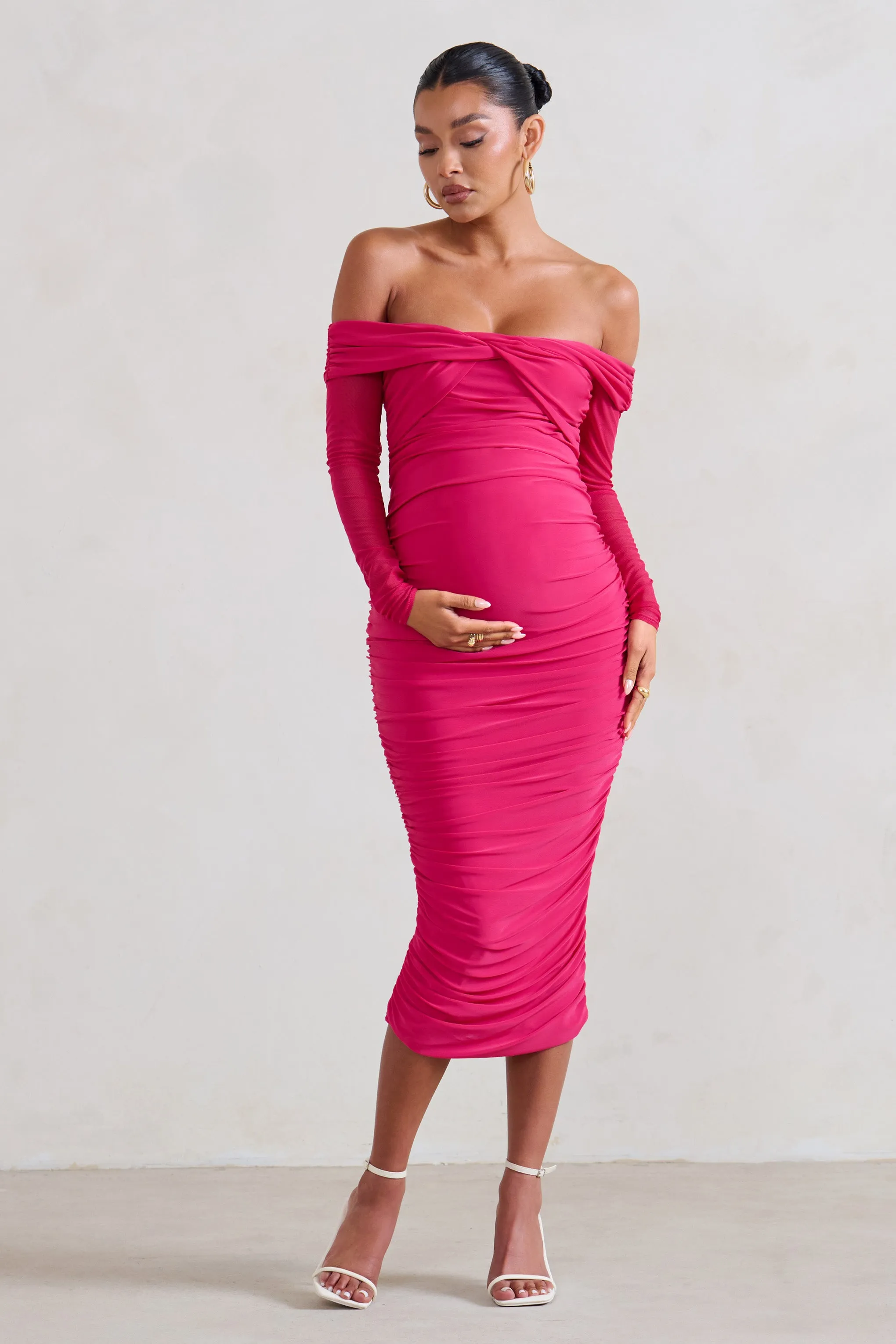 Neva | Hot Pink Bardot Twist Maternity Midi Dress