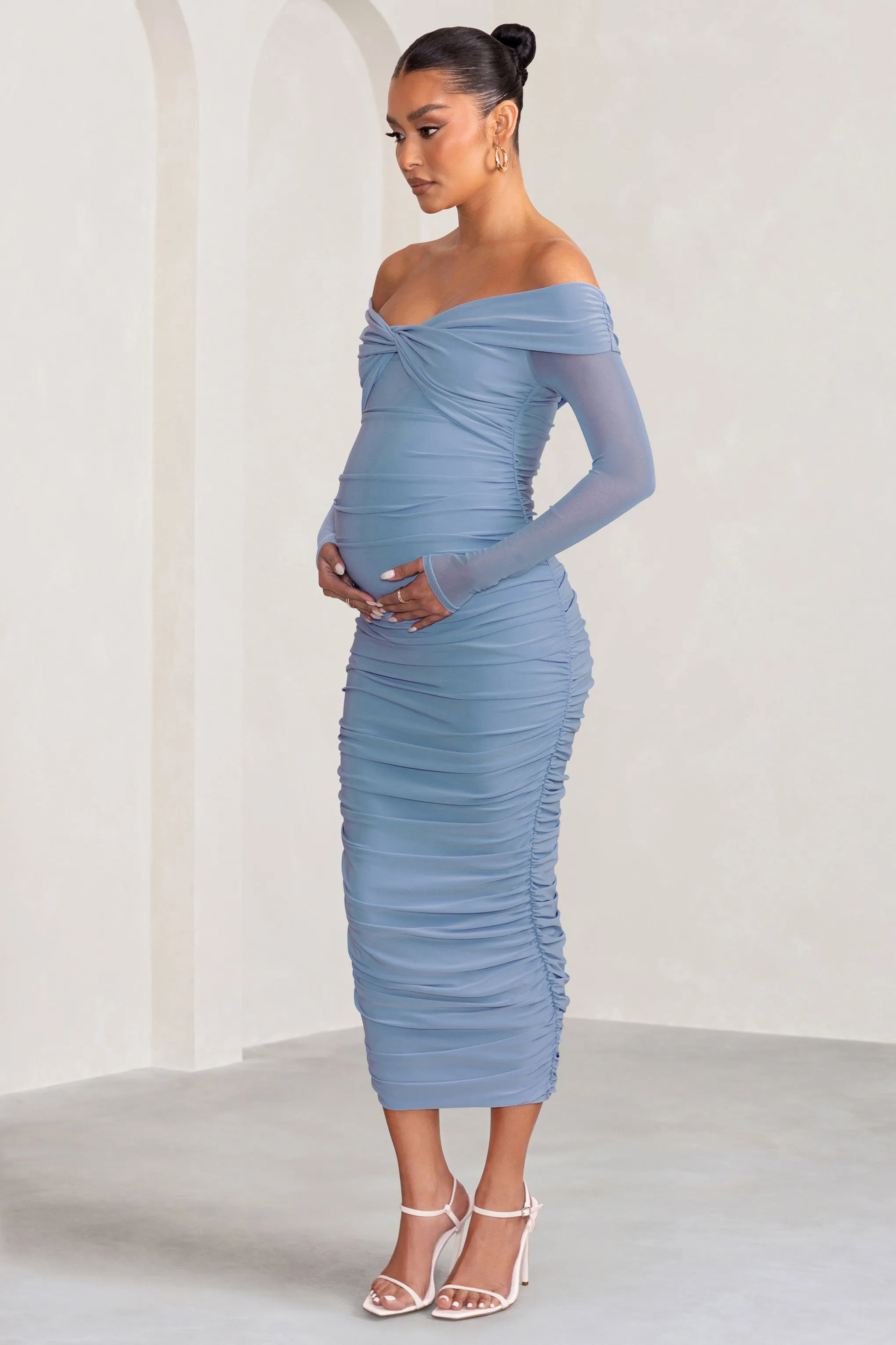 Neva | Powder Blue Bardot Twist Maternity Midi Dress