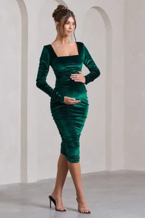 New Life | Bottle Green Velvet Maternity Square Neck Ruched Midi Dress