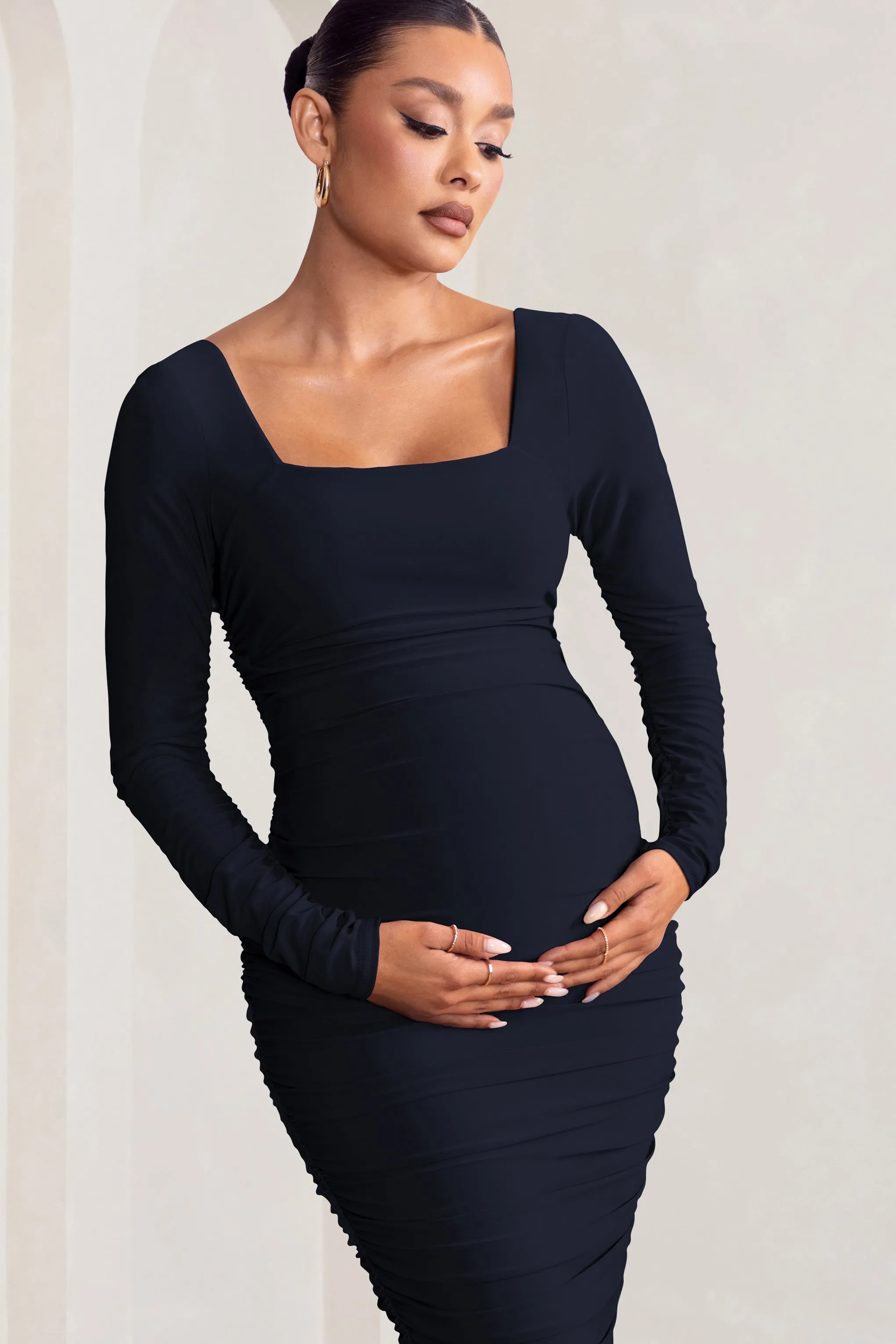 New Life | Navy Maternity Square Neck Ruched Midi Dress