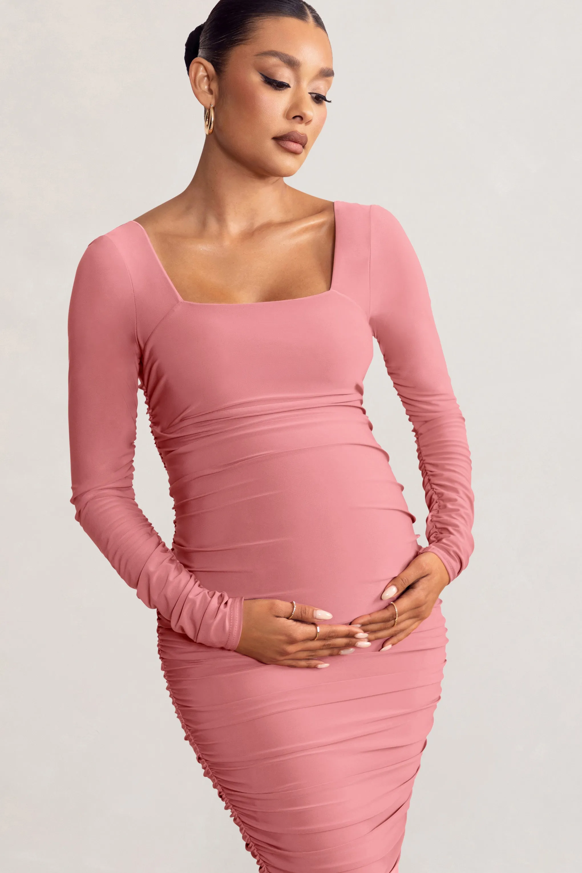 New Life | Pink Maternity Square Neck Ruched Midi Dress