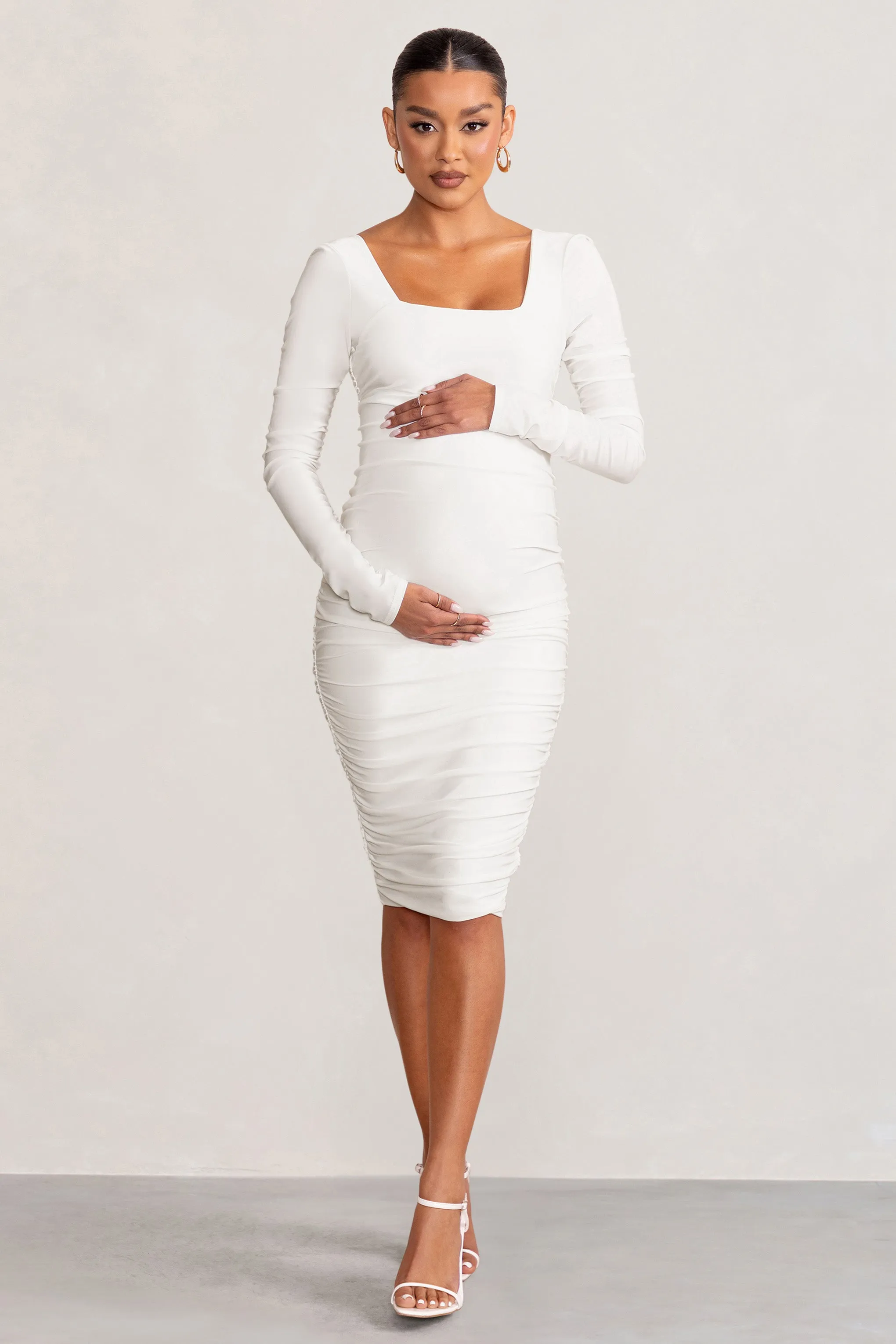 New Life | White Maternity Square Neck Ruched Midi Dress