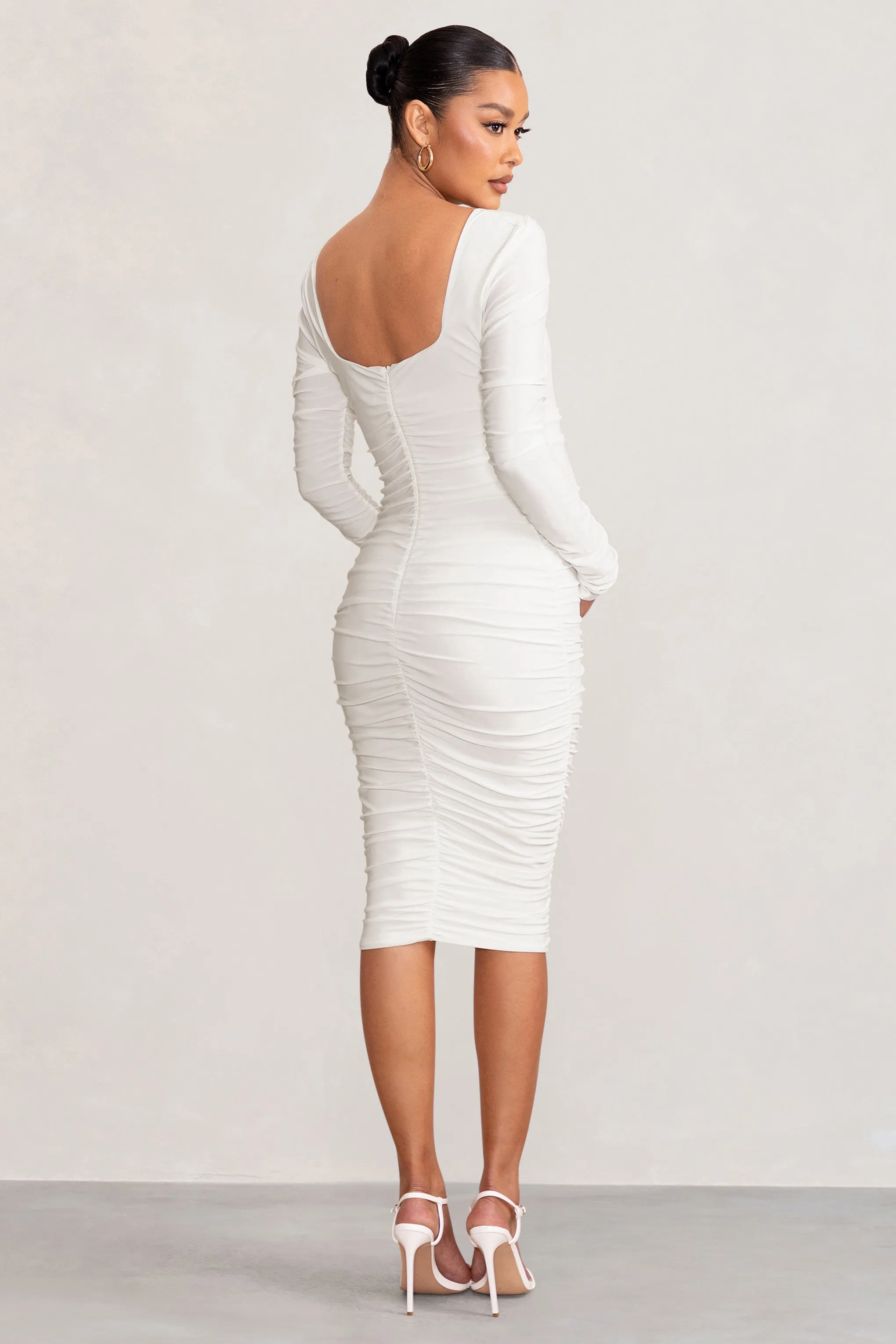 New Life | White Maternity Square Neck Ruched Midi Dress