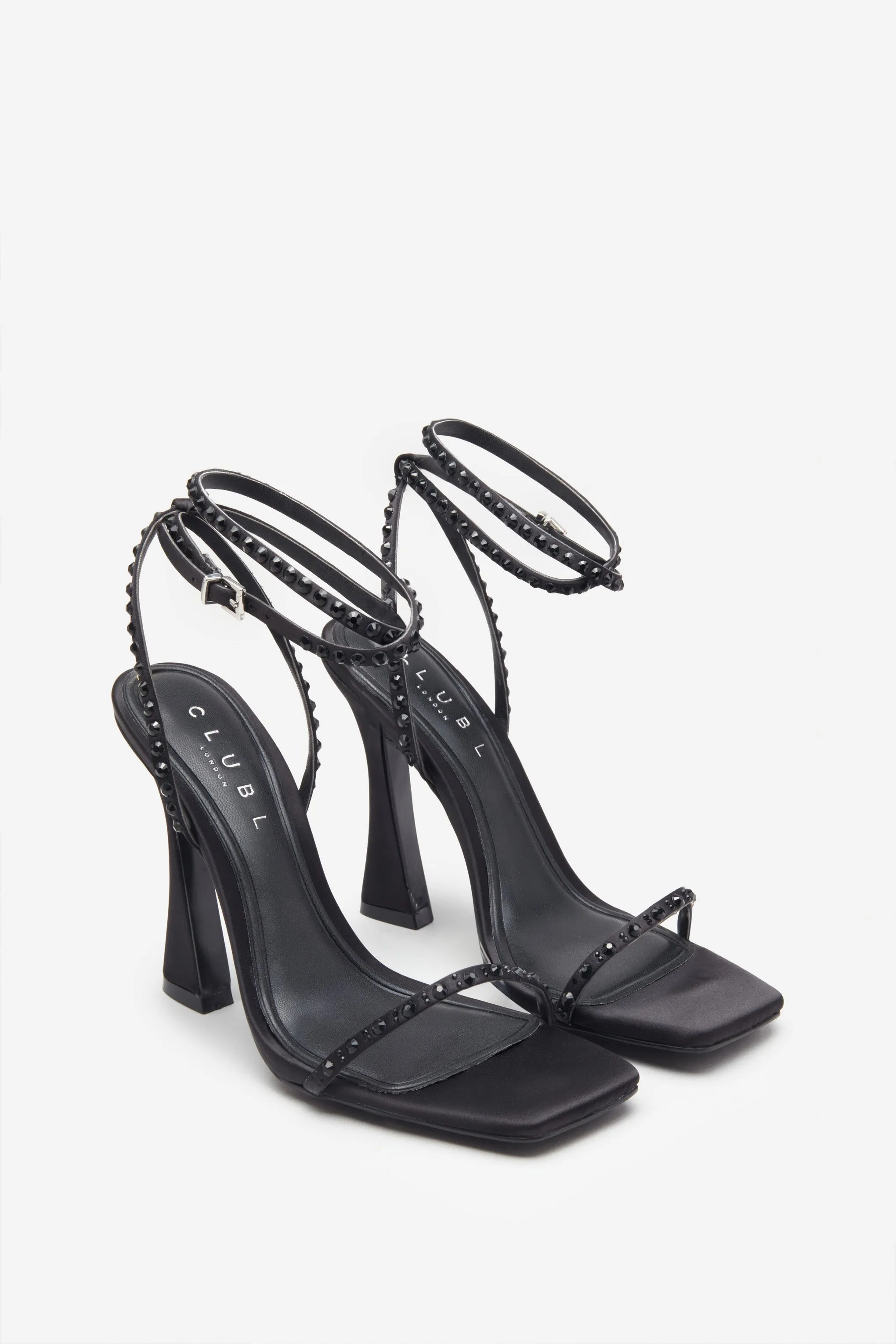 Nostalgia | Black Satin Heeled Sandals With Diamante Straps